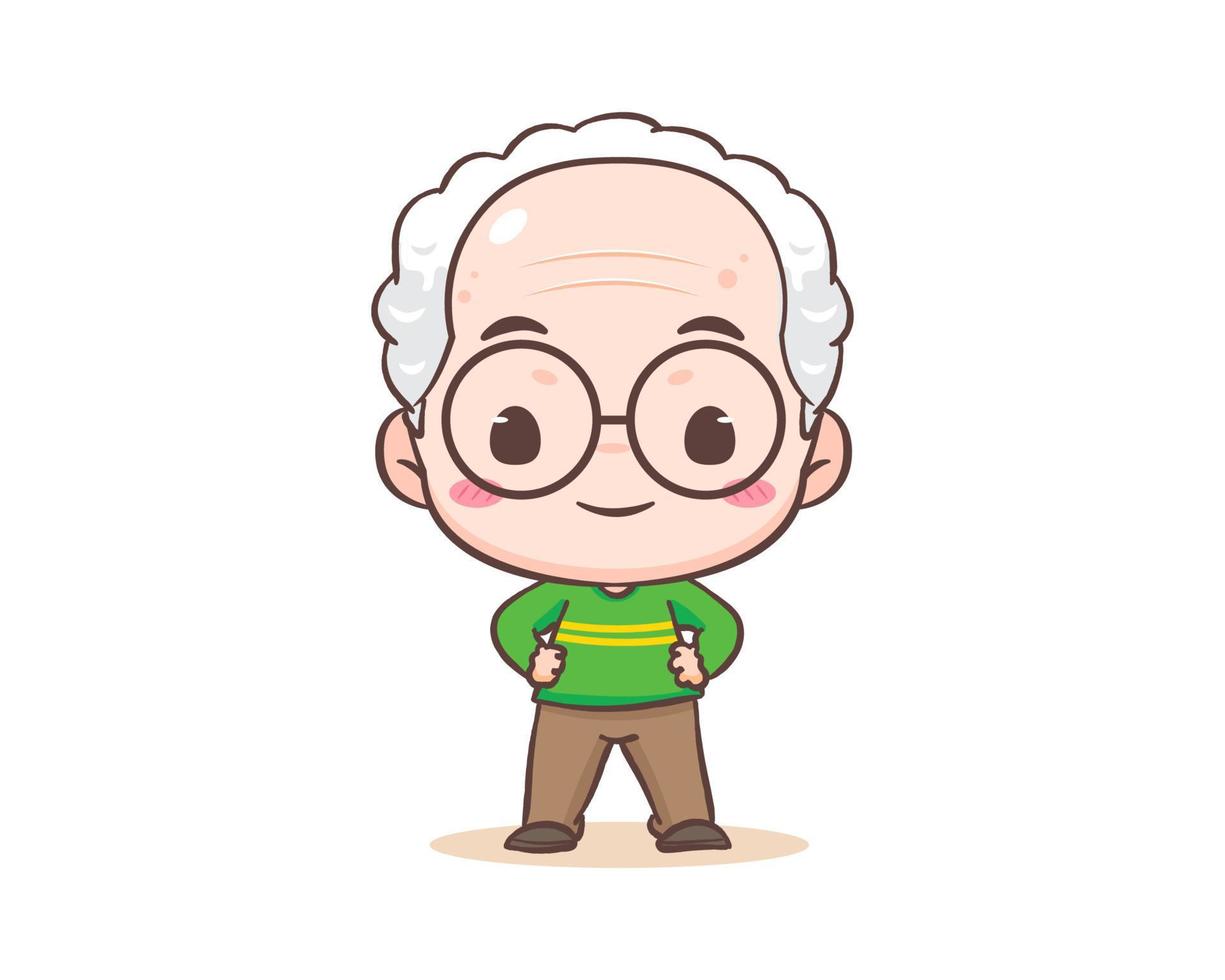 mignonne grand-père ou vieux homme dessin animé personnage. grand-père permanent avec main à taille. kawaii chibi main tiré style. adorable mascotte vecteur illustration. gens famille concept conception