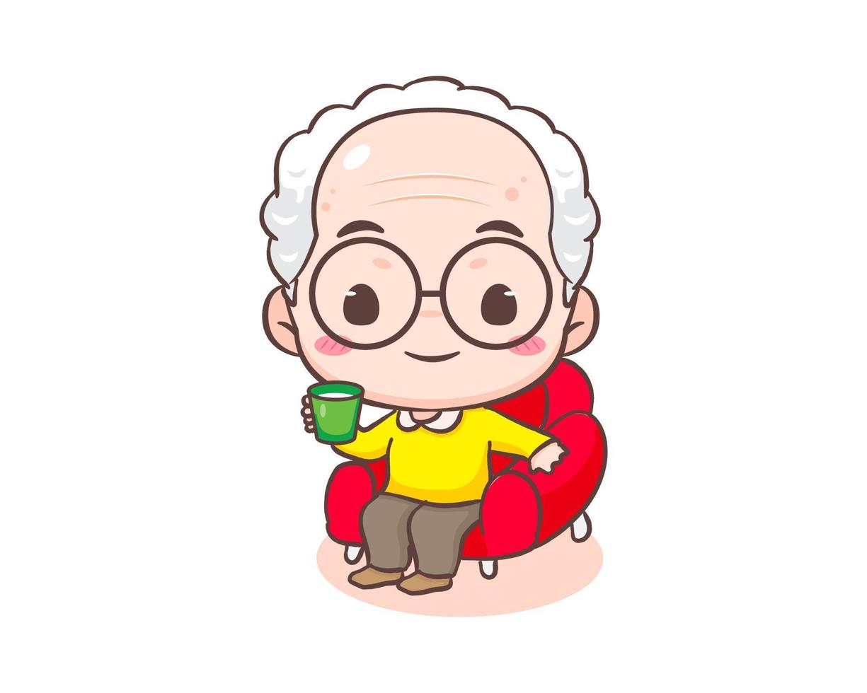 mignonne grand-père ou vieux homme dessin animé personnage. grand-père asseoir sur canapé avec café. kawaii chibi main tiré style. adorable mascotte vecteur illustration. gens famille concept conception