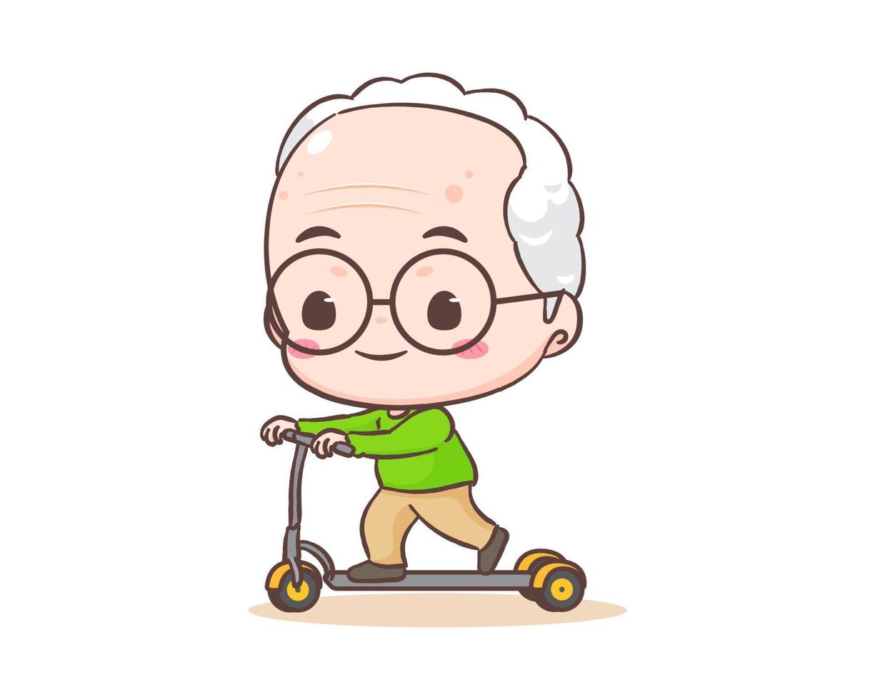 mignonne grand-père ou vieux homme dessin animé personnage. grand-père balade scooter. kawaii chibi main tiré style. adorable mascotte vecteur illustration. gens famille concept conception