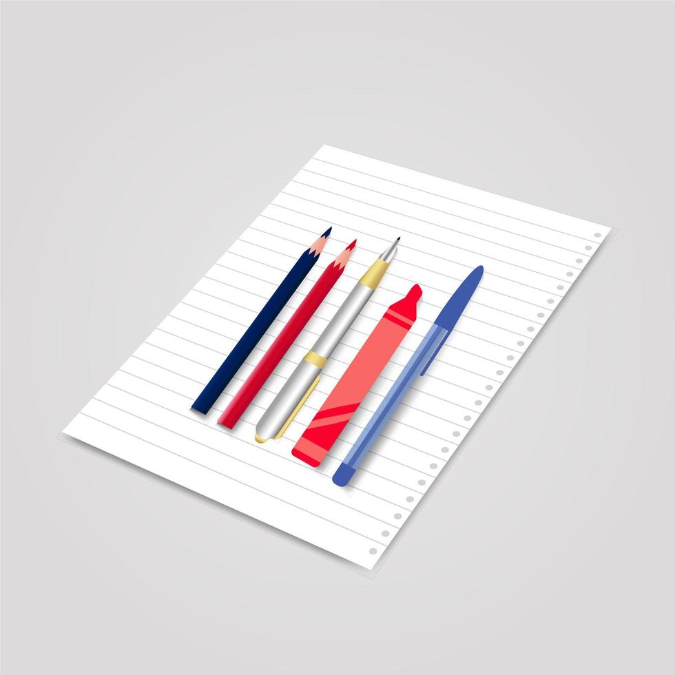 stylos et crayons colorés avec du papier vecteur