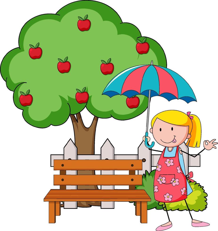 Doodle personnage de dessin animé une fille tenant un parapluie avec pommier vecteur