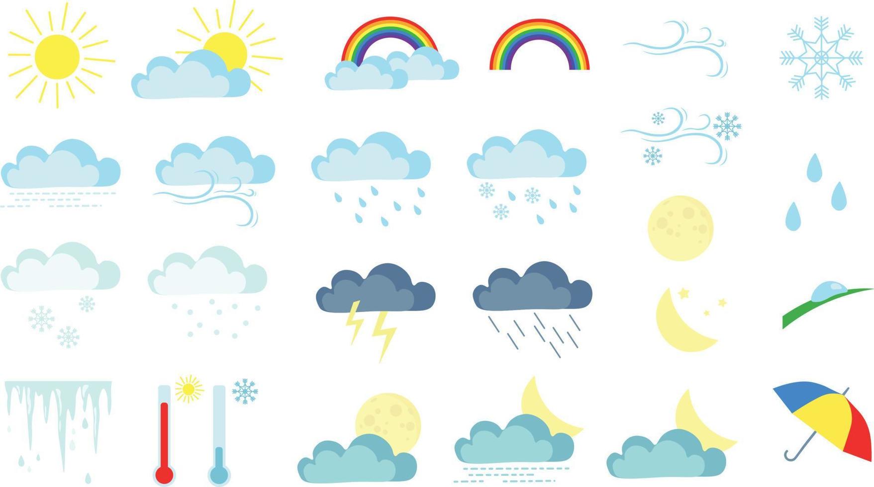 vecteur temps dessin animé icône ensemble. Icônes pour temps prévision. Soleil et lune, pluie et neige, des nuages, arc-en-ciel, flocons de neige et gouttes de pluie, vent, foudre.
