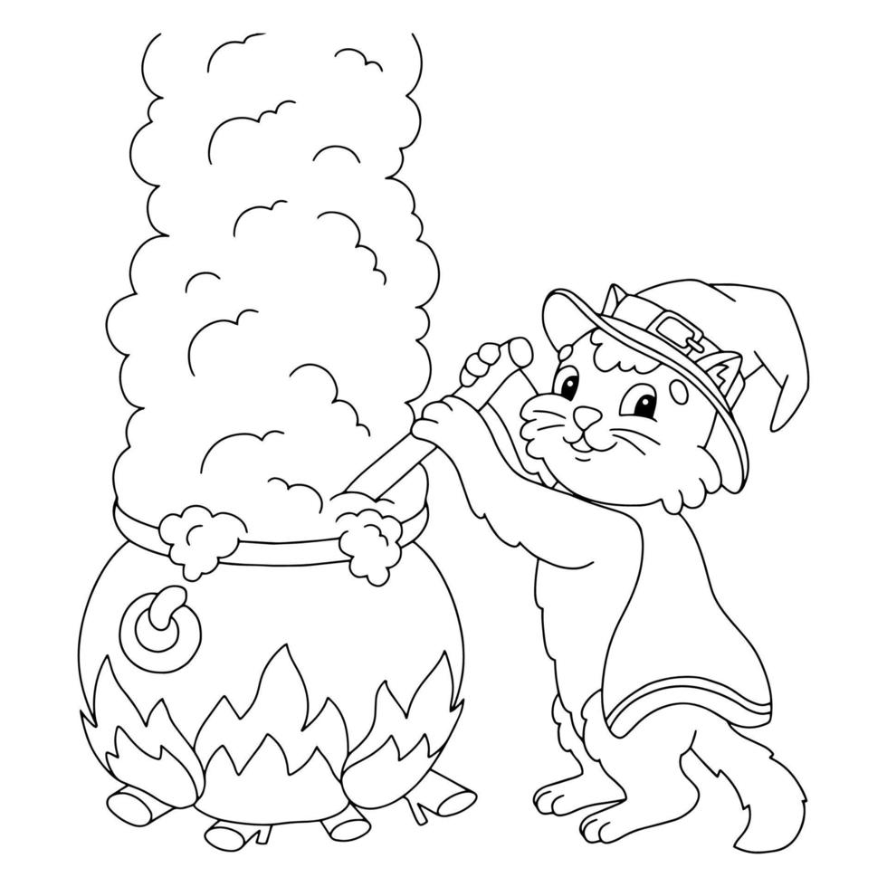 le chat prépare une potion dans un grand chaudron. page de livre de coloriage pour les enfants. personnage de style dessin animé. illustration vectorielle isolée sur fond blanc. vecteur