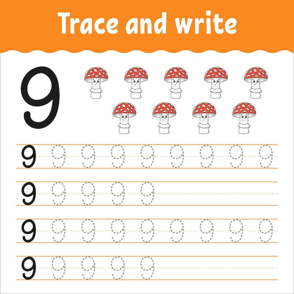 apprendre les chiffres. trace et écrit. pratique de l'écriture manuscrite. apprentissage des nombres pour les enfants. feuille de travail de développement de l'éducation. page d'activité en couleur. illustration vectorielle. vecteur