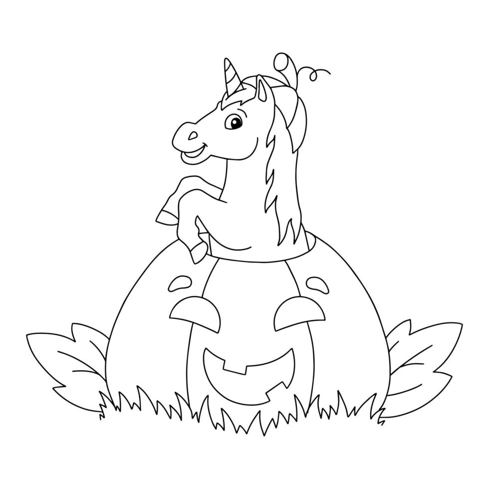 licorne drôle sautant d'une citrouille pour les vacances d'halloween. page de livre de coloriage pour les enfants. personnage de style dessin animé. illustration vectorielle isolée sur fond blanc. vecteur