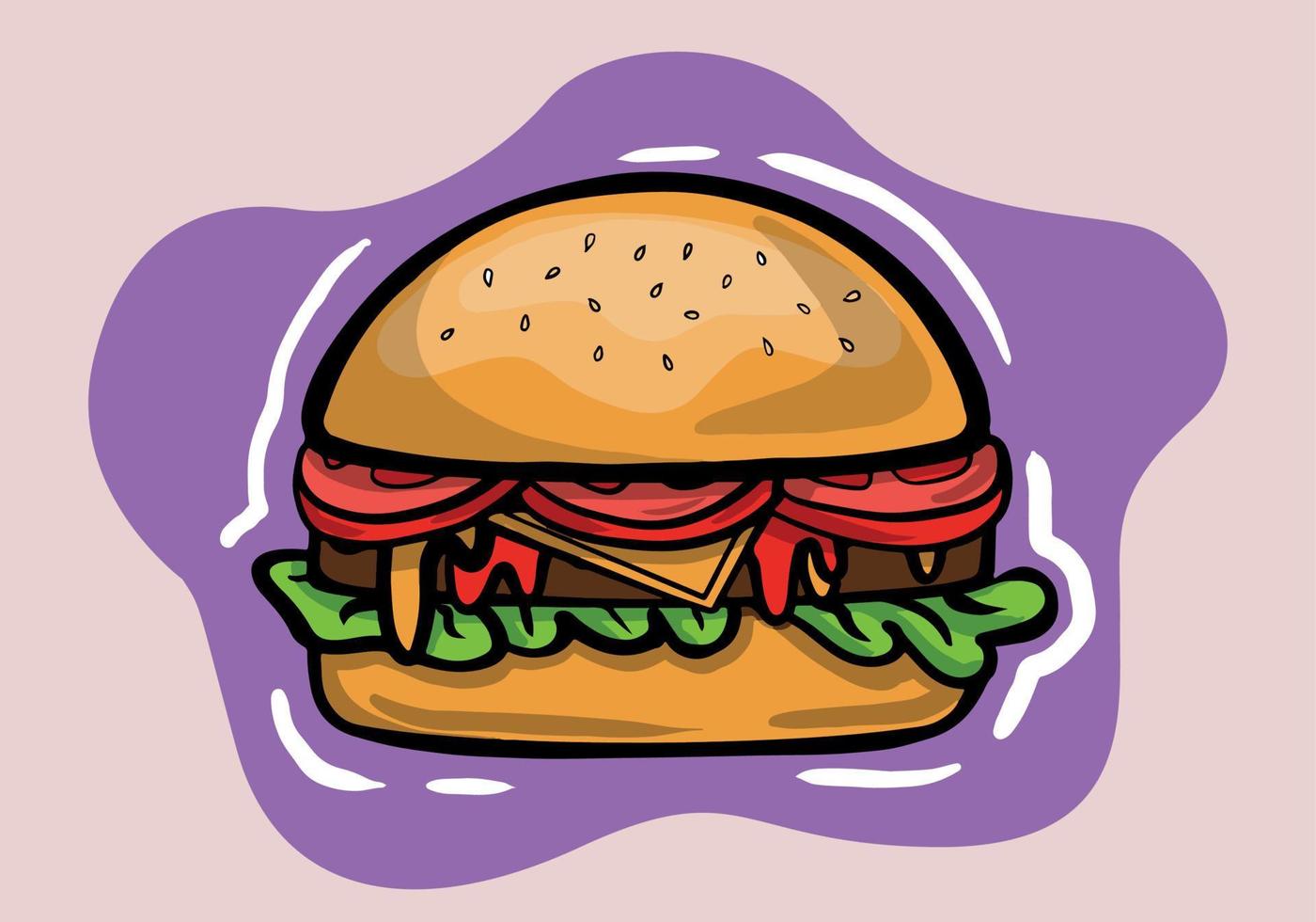 main tiré salade tomate oignon fromage du boeuf et sauce proche vecteur réaliste Hamburger classique Burger américain cheeseburger isolé sur blanc Contexte. vite nourriture
