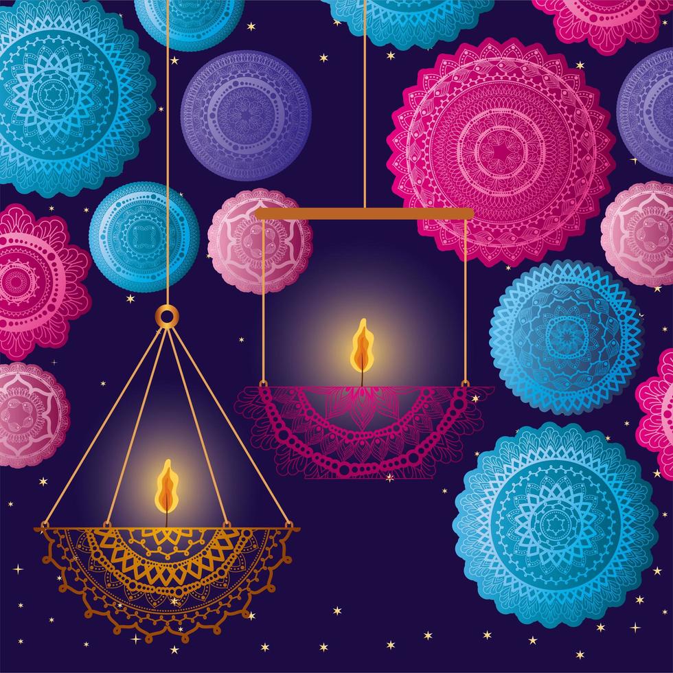 joyeux diwali suspendus bougies avec dessin vectoriel mandalas bleus et roses