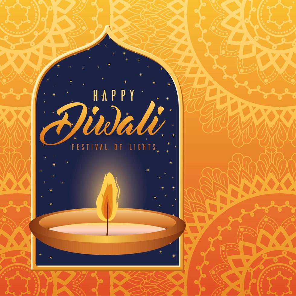 bougie diwali heureux sur une conception de vecteur de fond mandala