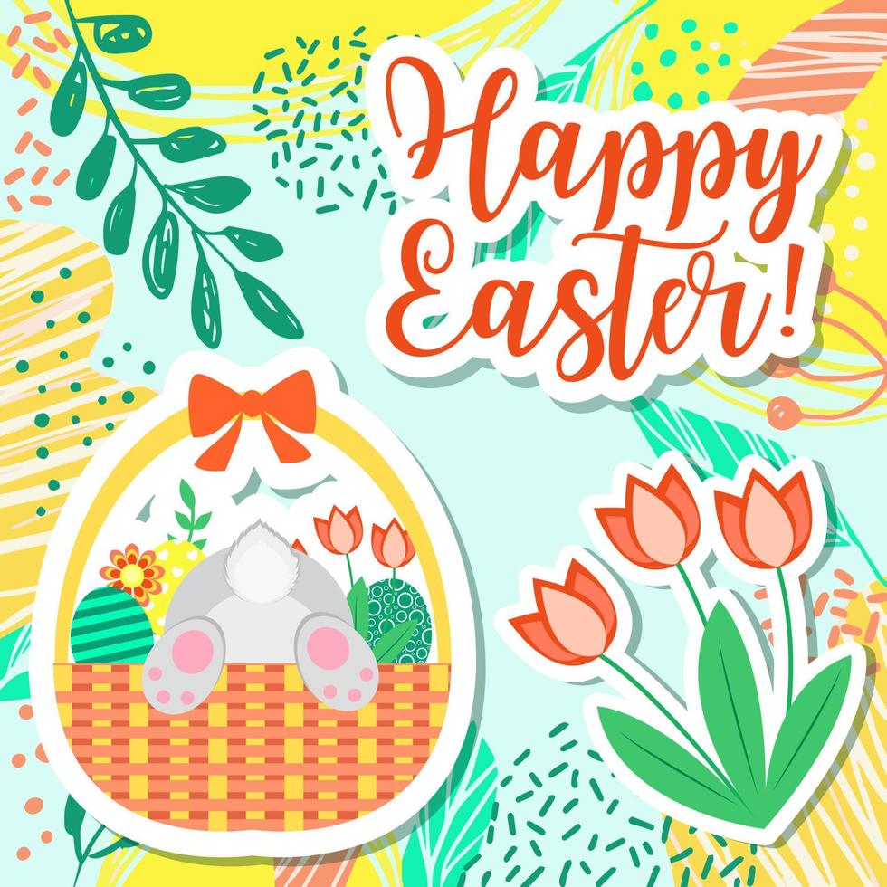 content Pâques printemps salutation carte. panier avec marrant lapin et Pâques des œufs. vecteur illustration