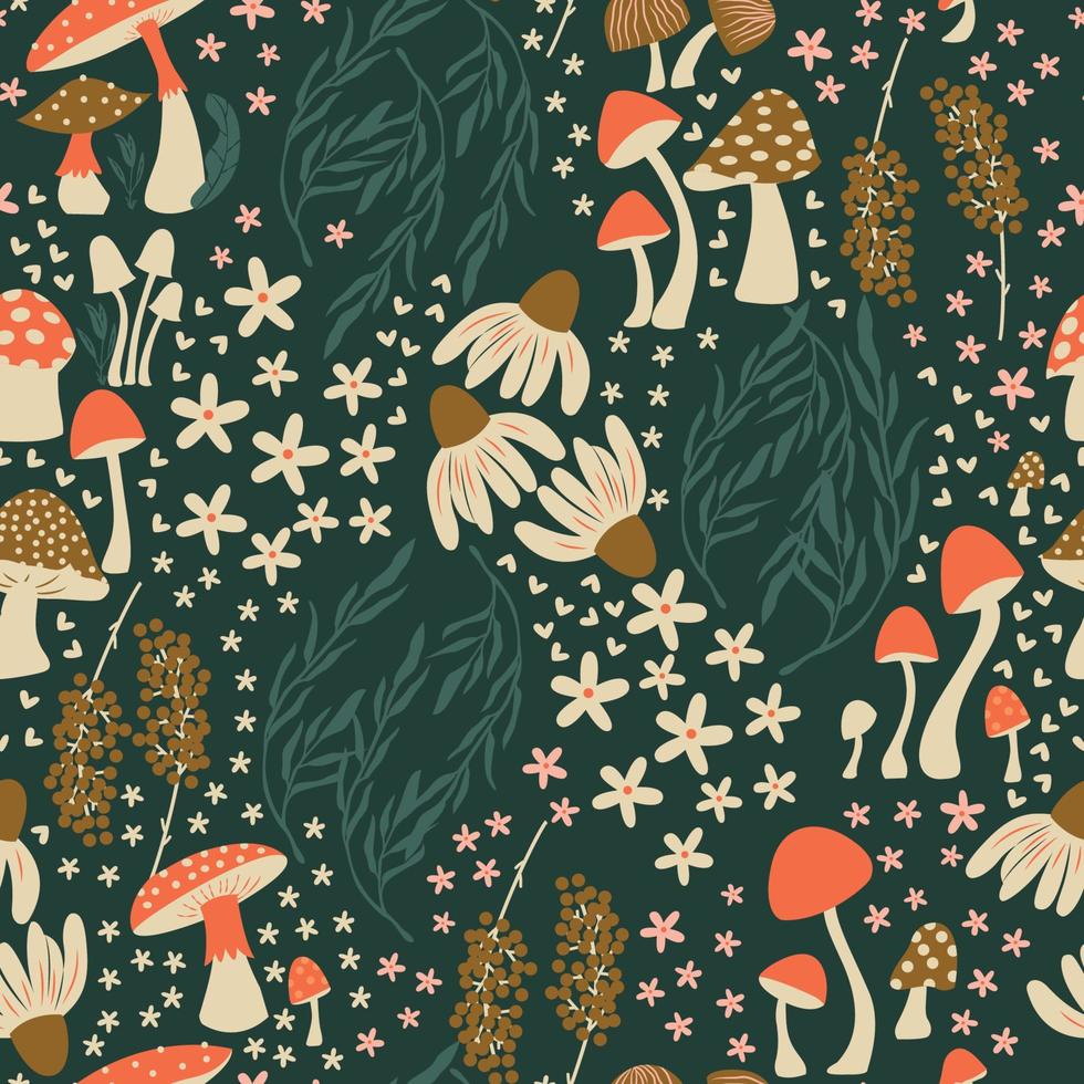 champignon et fleur sans couture modèle avec magnifique fleurs, feuilles et bourgeons. magnifique des bois jardin dans la nature. coloré vecteur illustration.