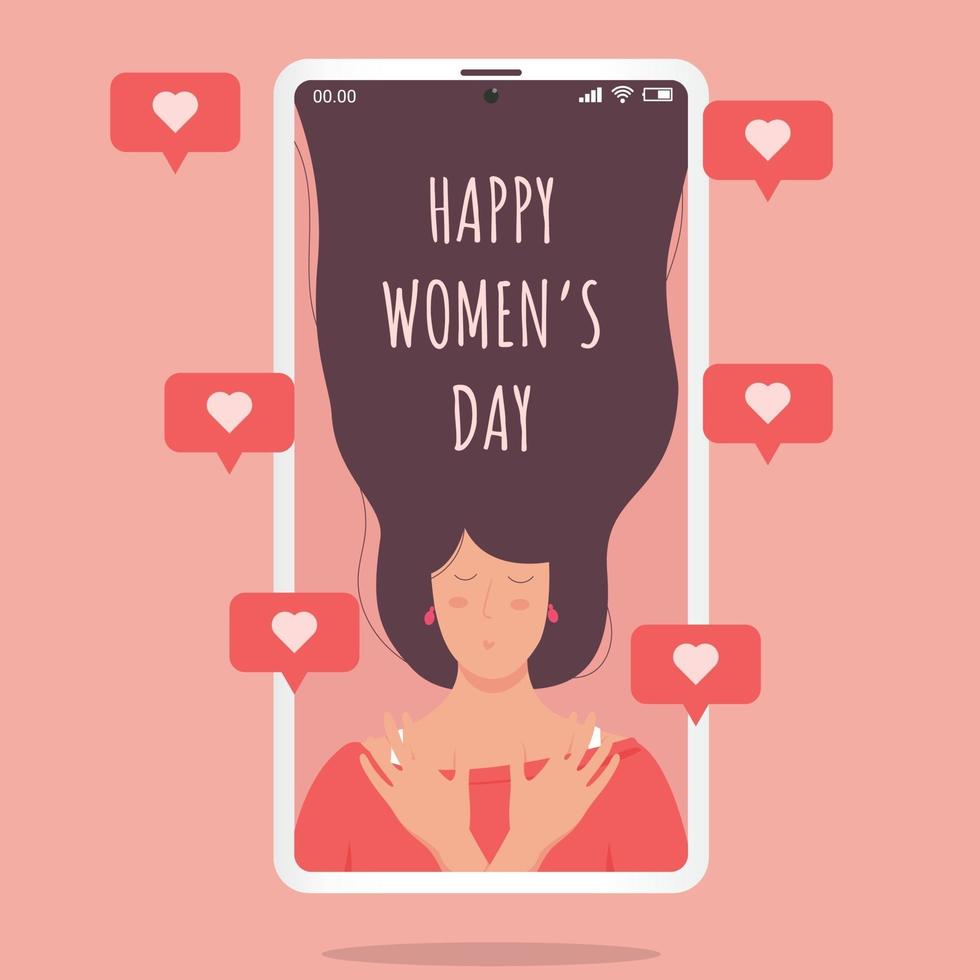 femme sur téléphone portable avec signe d'amour, bonne journée de la femme vecteur