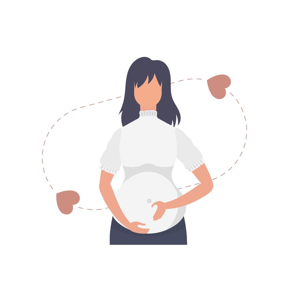 une Enceinte femme avec amour détient sa inférieur abdomen. isolé sur blanc Contexte. vecteur illustration.