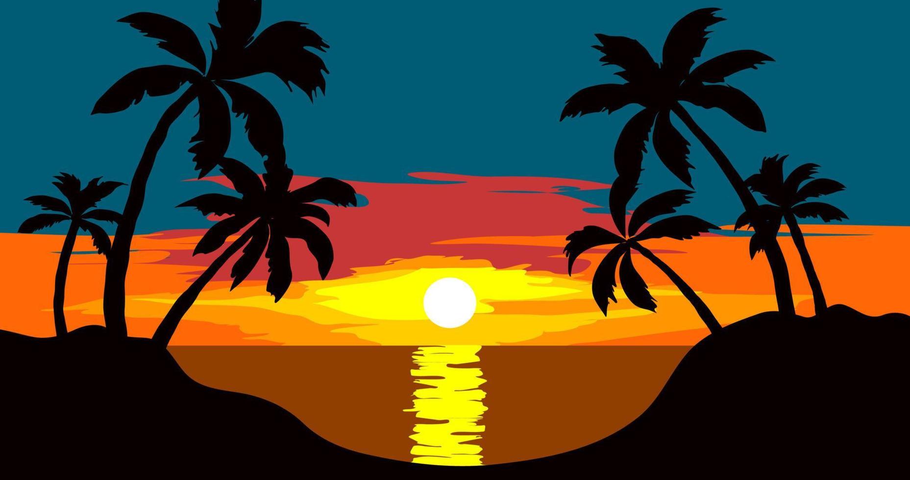 main dessin vecteur tropical plage le coucher du soleil