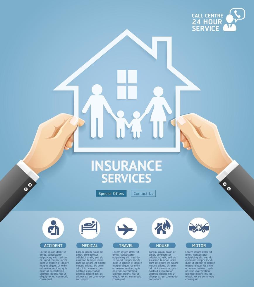 conception conceptuelle des services de police d'assurance. main tenant une famille de papier dans la maison. illustrations vectorielles. vecteur