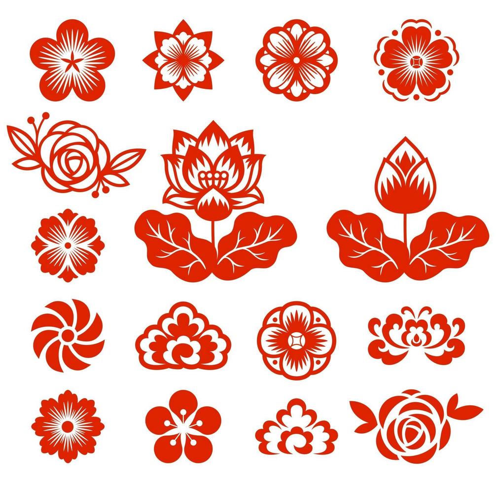 papier de fleurs chinoises coupées illustrations vectorielles de couleur rouge. vecteur