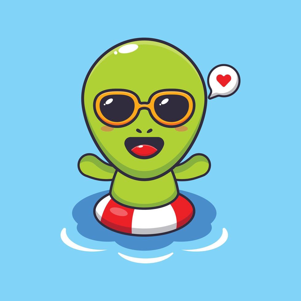 mignonne extraterrestre dans des lunettes de soleil nager sur plage dessin animé vecteur illustration.