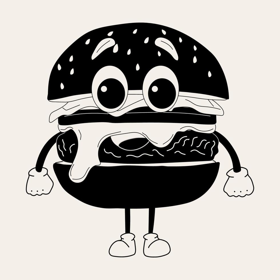 mignonne dessin animé Burger personnage. content et de bonne humeur émotions. vieux animation Années 60 années 70, marrant dessin animé personnages. branché illustration dans rétro style. vecteur