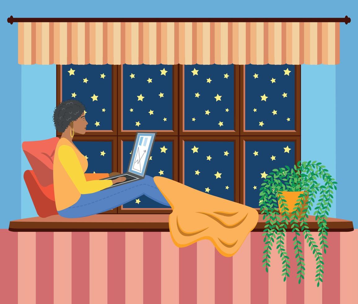 une femme travaux à une portable tandis que séance sur le rebord de fenêtre à maison. free-lance concept, quarantaine dû à COVID-19 [feminine. vecteur