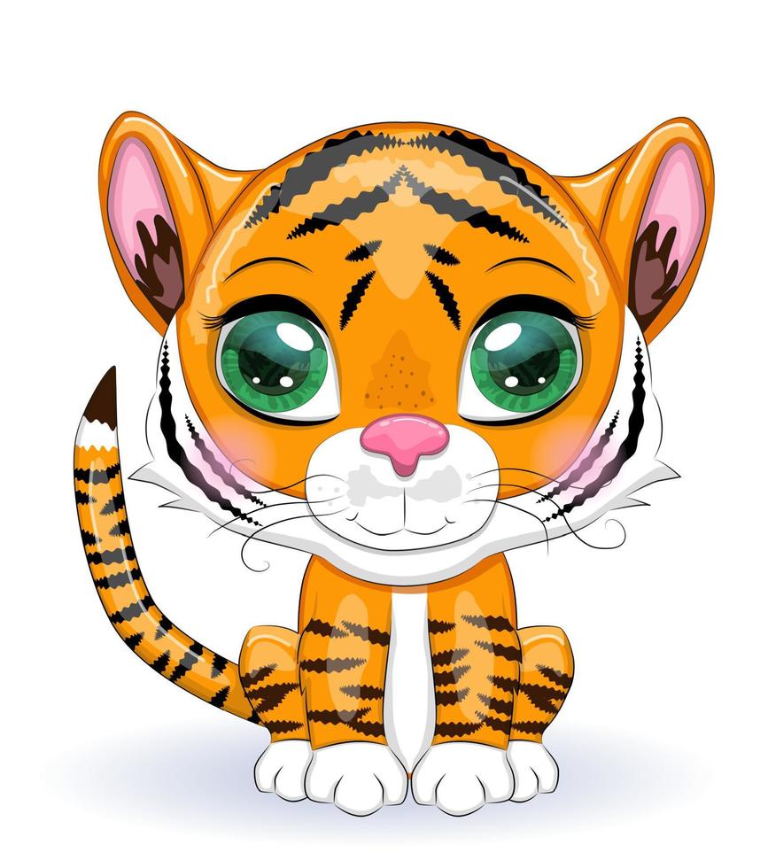 mignonne dessin animé tigre avec magnifique yeux, brillant, Orange pour salutation cartes vecteur