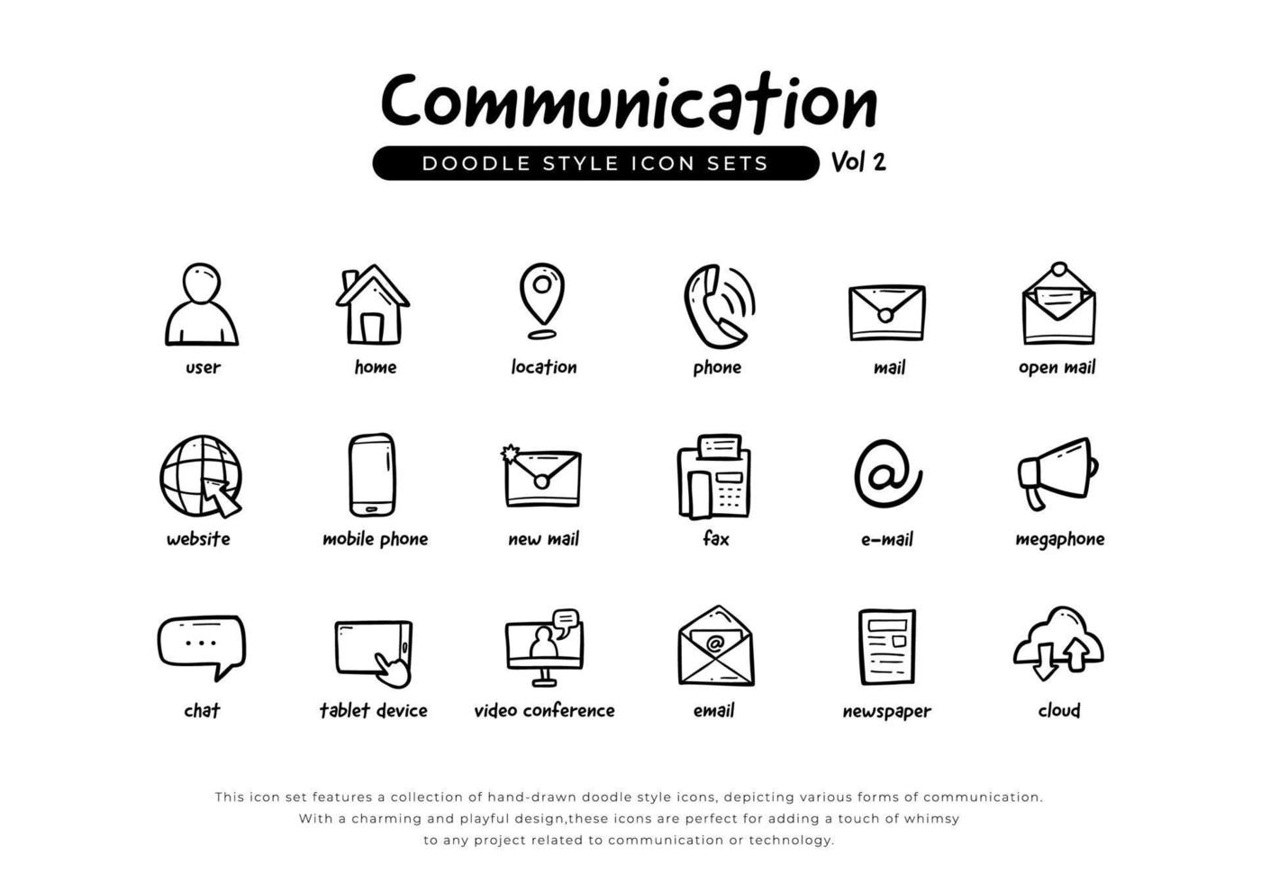 griffonnage main dessin la communication icône ensemble pack comprenant mobile téléphone, téléphone, tablette, journal, e-mail, site Internet, nuage, mégaphone et plus vecteur