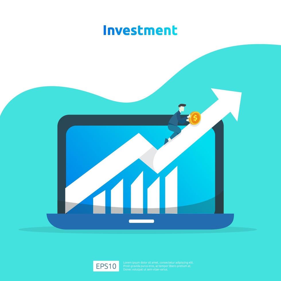 financer la performance du retour sur investissement ROI. illustration de concept d'augmentation de taux de salaire de revenu avec le caractère et la flèche de personnes. la croissance des bénéfices de l'entreprise, la vente augmente les revenus de marge avec le symbole du dollar vecteur