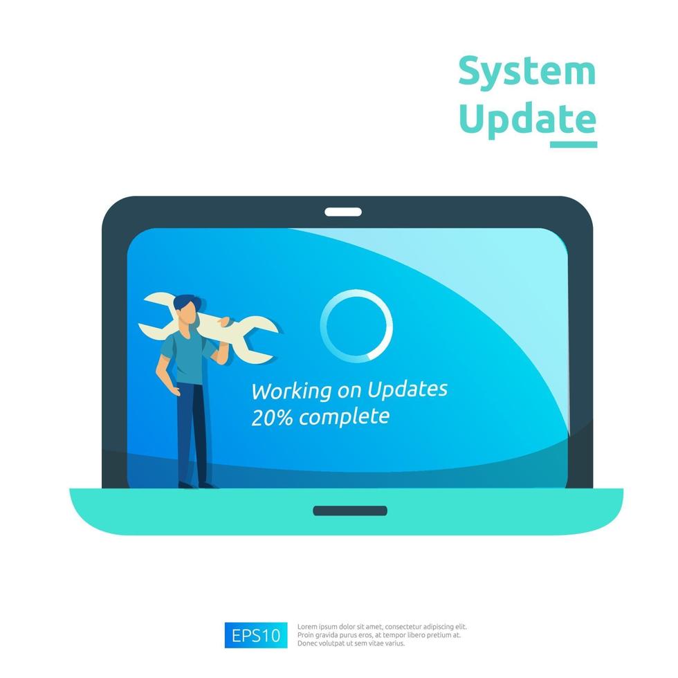 mettre à jour le concept de progression du système d'exploitation, le processus de synchronisation des données et le programme d'installation. illustration modèle de page de destination Web, bannière, présentation, interface utilisateur, affiche, publicité, promotion ou médias imprimés. vecteur