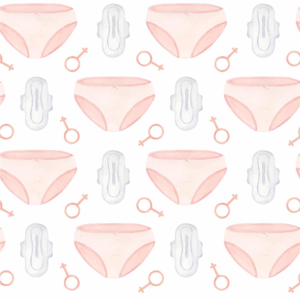 sans couture modèle de blanc nettoyer sanitaire tampons, femmes le sexe symbole et rose lingerie. emballage pour femelle intime hygiène des produits. aquarelle illustration. vecteur