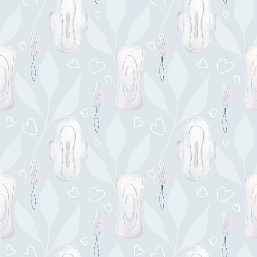 aquarelle sans couture modèle de menstruel tampons, tampons et cœurs sur une bleu Contexte. emballage pour femelle intime hygiène des produits. personnel hygiène produit pour femmes. vecteur