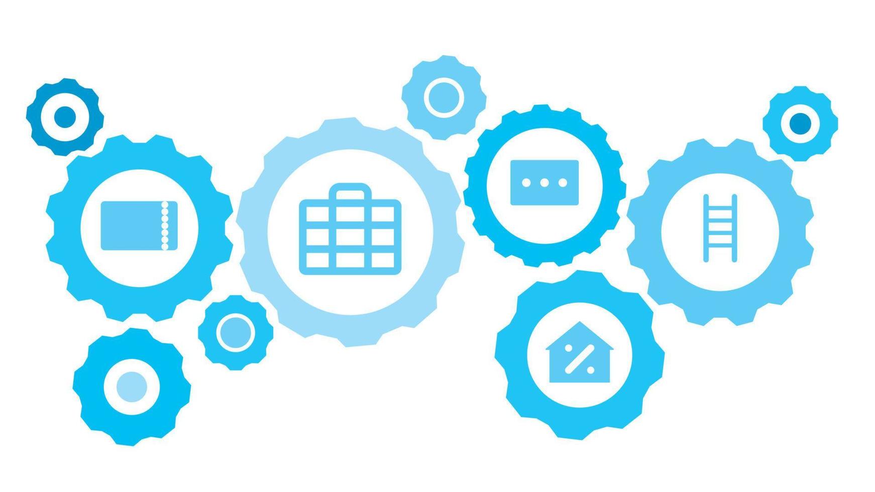 connecté engrenages et vecteur Icônes pour la logistique, service, expédition, distribution, transport, marché, communiquer concepts. entreprise, métaphore, perle équipement bleu icône ensemble sur blanc Contexte