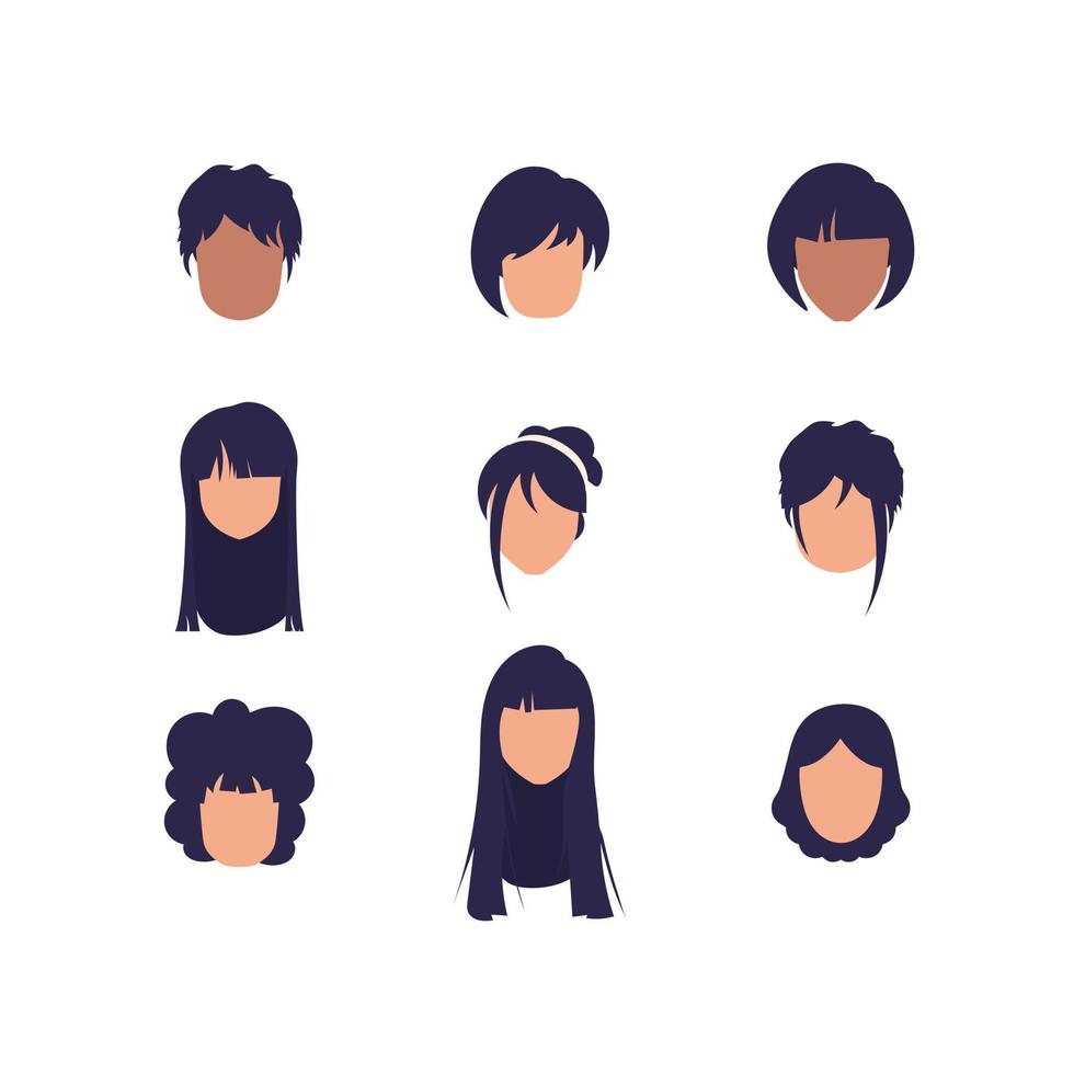 grand ensemble de visages femmes avec différent coiffures et différent nationalités. isolé sur blanc Contexte. vecteur illustration.