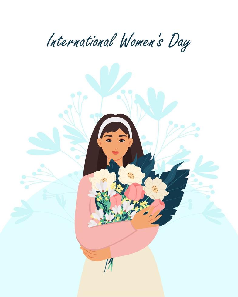 Jeune femme est en portant une magnifique bouquet de fleurs. international aux femmes journée. vecteur illustration