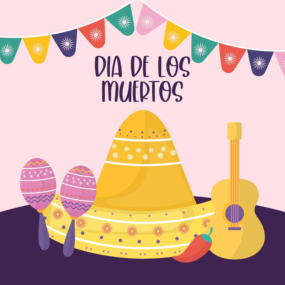jour mexicain des morts maracas, chapeau sombrero et conception de vecteur de guitare