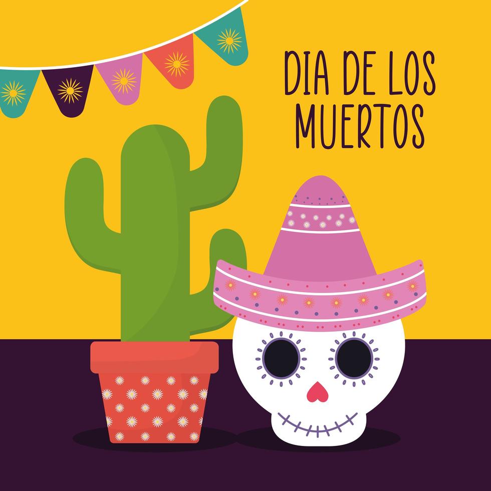 jour mexicain du crâne mort avec dessin vectoriel cactus