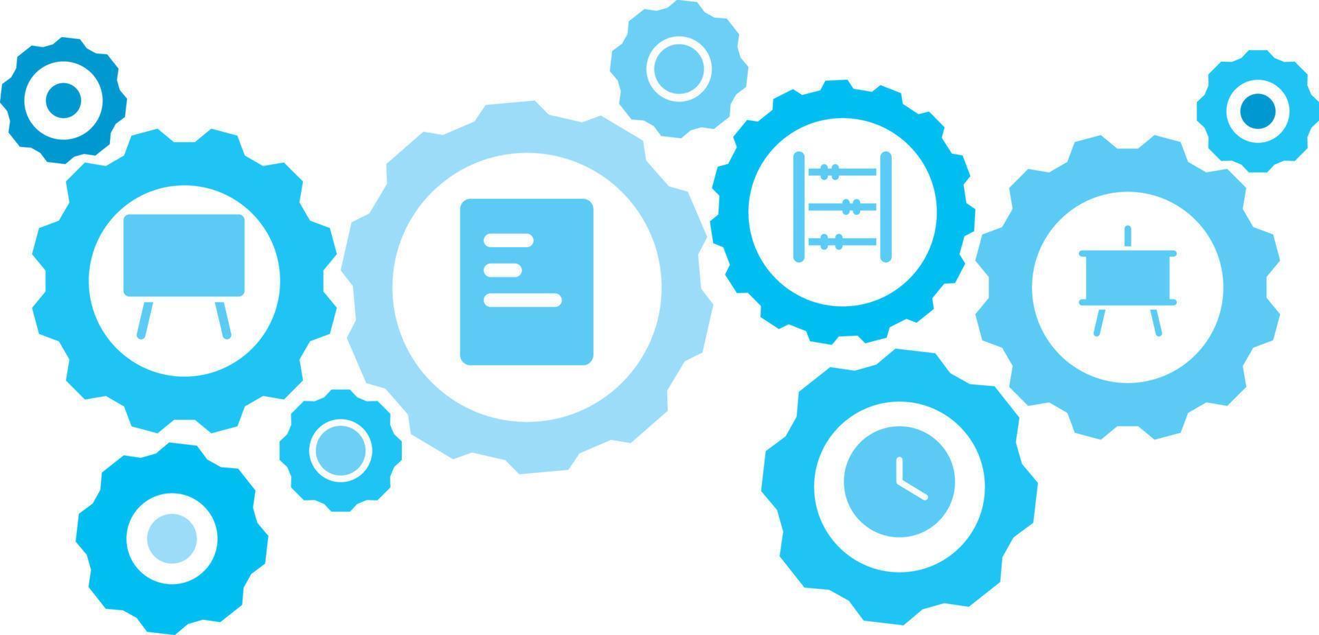 connecté engrenages et Icônes pour la logistique, service, expédition, distribution, transport, marché, communiquer concepts, tableau noir équipement bleu icône ensemble. livraison mécanisme concept. sur blanc Contexte vecteur