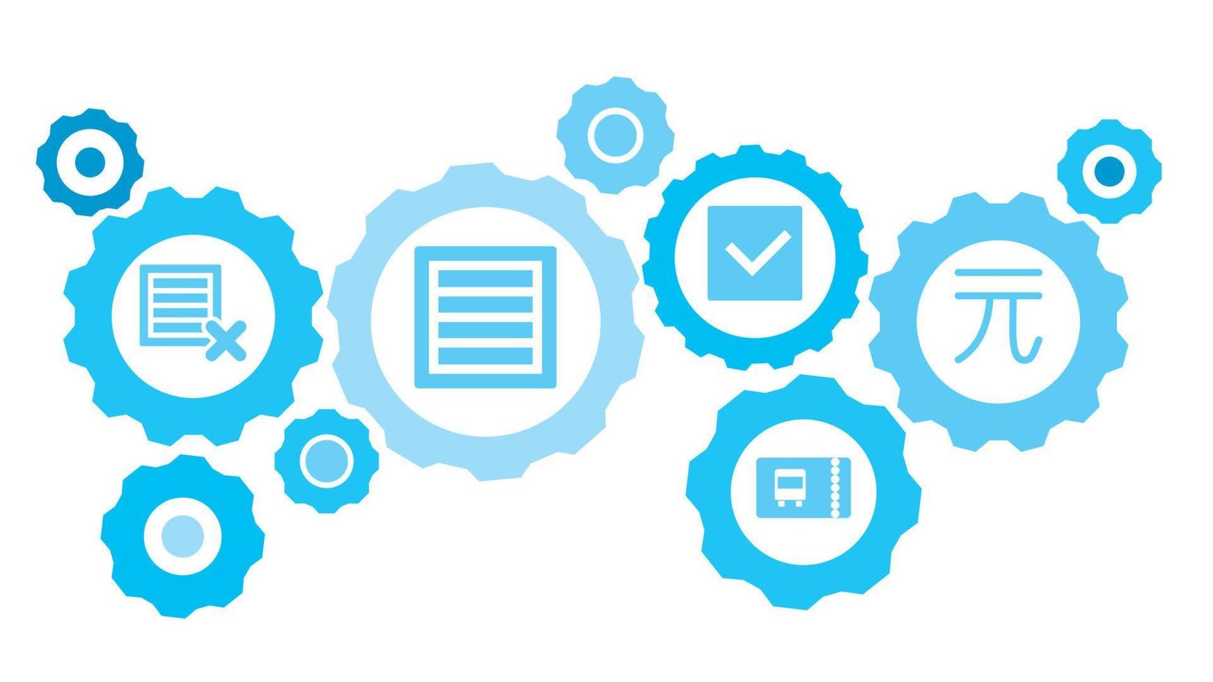 connecté engrenages et vecteur Icônes pour la logistique, service, expédition, distribution, transport, marché, communiquer concepts. monnaie, argent équipement bleu icône ensemble sur blanc Contexte