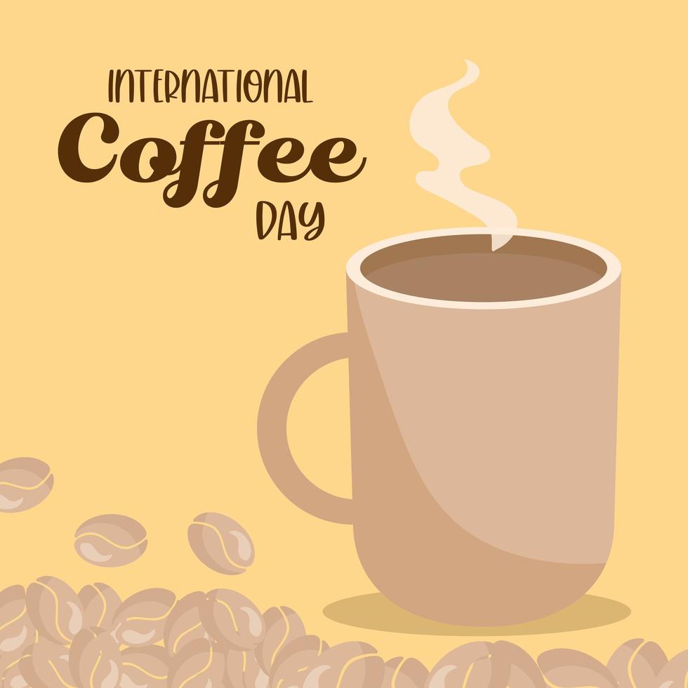 journée internationale du café avec tasse chaude avec conception de vecteur de haricots