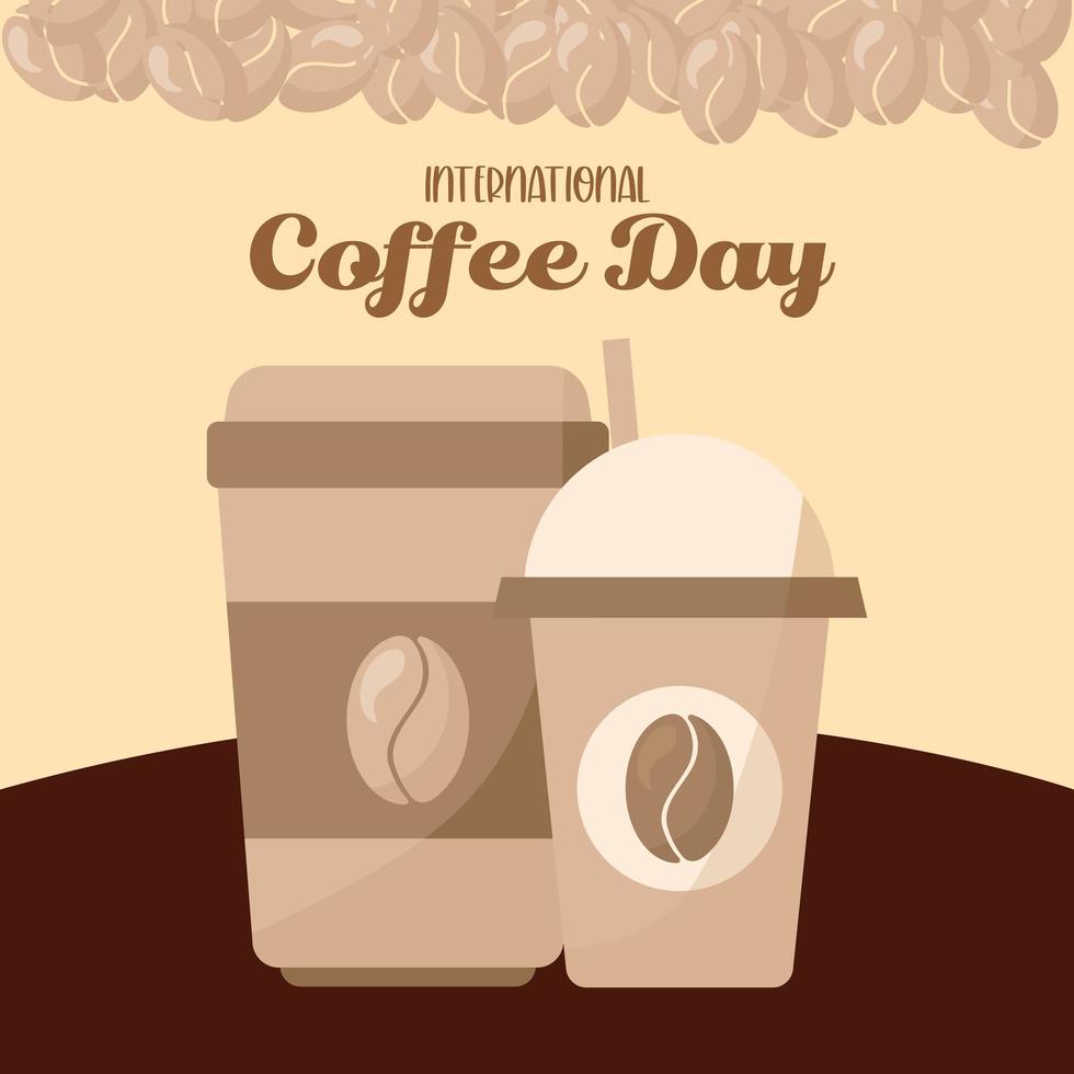 journée internationale du café avec des tasses glacées et chaudes avec conception de vecteur de haricots