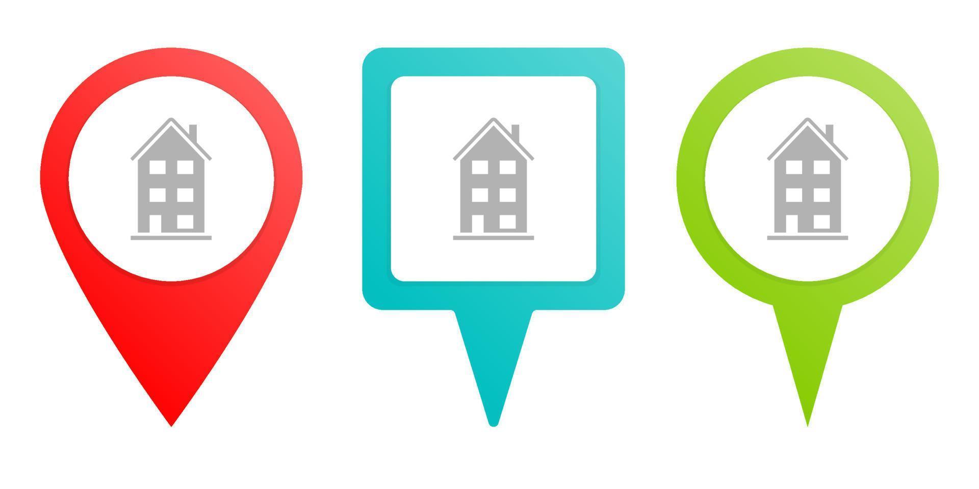 bâtiment maison. multicolore épingle vecteur icône, différent type carte et la navigation point sur blanc Contexte