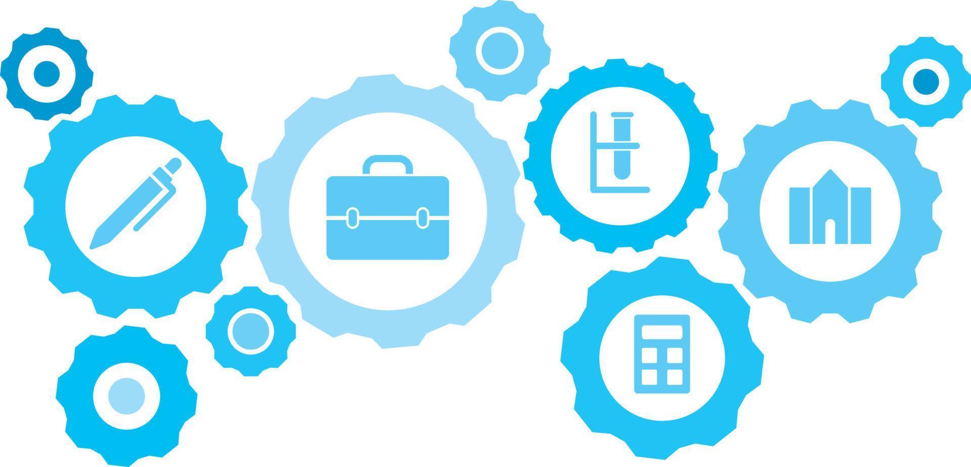 connecté engrenages et Icônes pour la logistique, service, expédition, distribution, transport, marché, communiquer concepts, construction, Université équipement bleu icône ensemble. livraison mécanisme concept. sur blanc Contexte vecteur