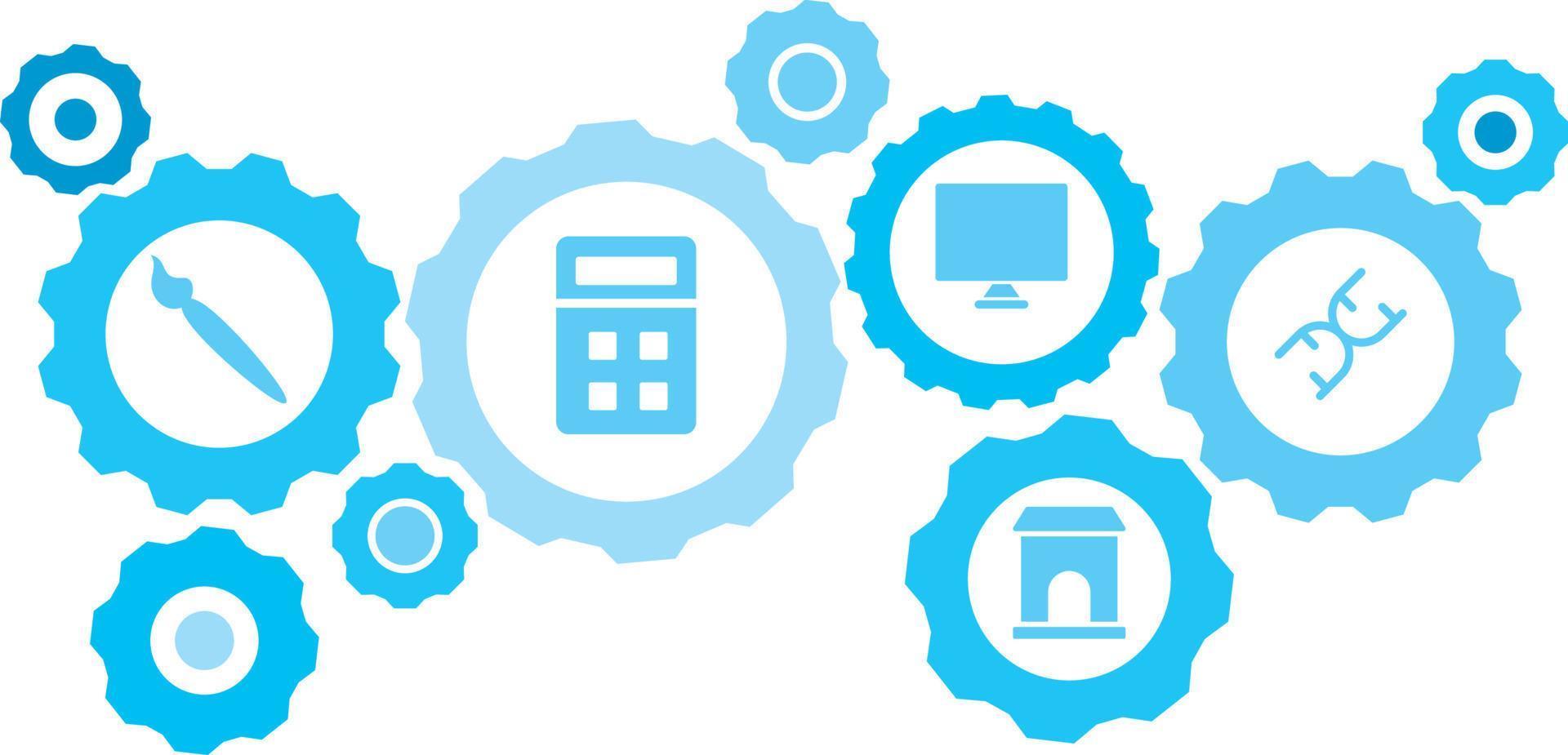connecté engrenages et Icônes pour la logistique, service, expédition, distribution, transport, marché, communiquer notions, biologie, ADN équipement bleu icône ensemble. livraison mécanisme concept. sur blanc Contexte vecteur