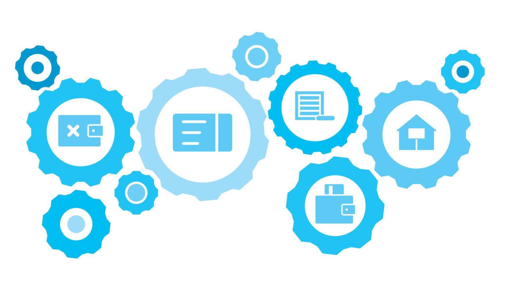 connecté engrenages et vecteur Icônes pour la logistique, service, expédition, distribution, transport, marché, communiquer concepts. carte, transport, Voyage équipement bleu icône ensemble sur blanc Contexte
