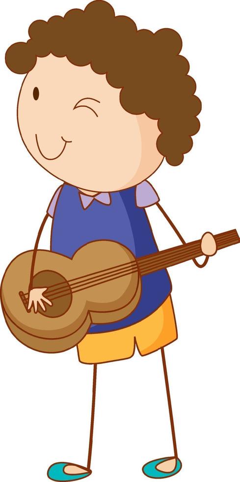 Un enfant de griffonnage jouant un personnage de dessin animé de guitare acoustique isolé vecteur