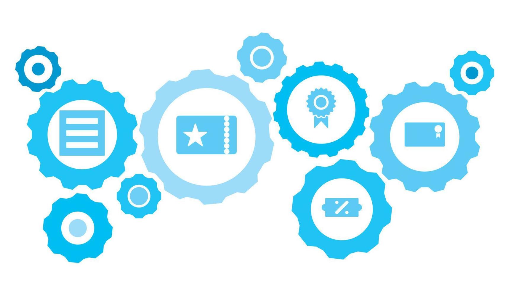 connecté engrenages et vecteur Icônes pour la logistique, service, expédition, distribution, transport, marché, communiquer concepts. étiqueter, prix, vente équipement bleu icône ensemble sur blanc Contexte