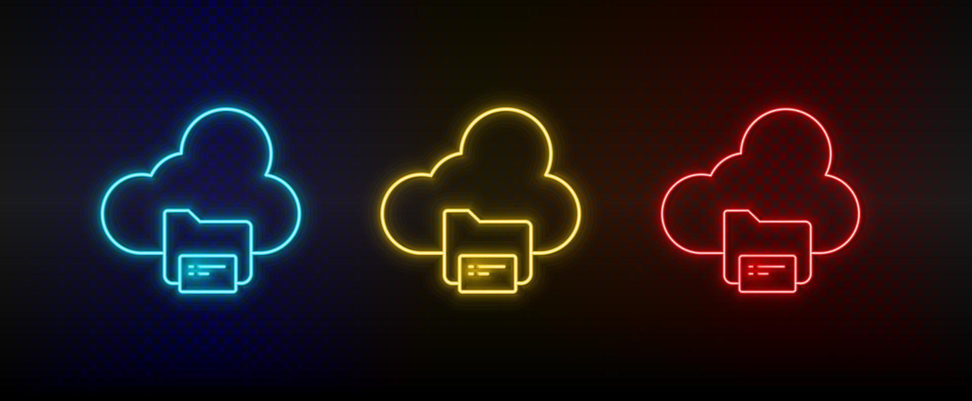 néon icône ensemble sauvegarde nuage des dossiers. ensemble de rouge, bleu, Jaune néon vecteur icône sur transparence foncé Contexte