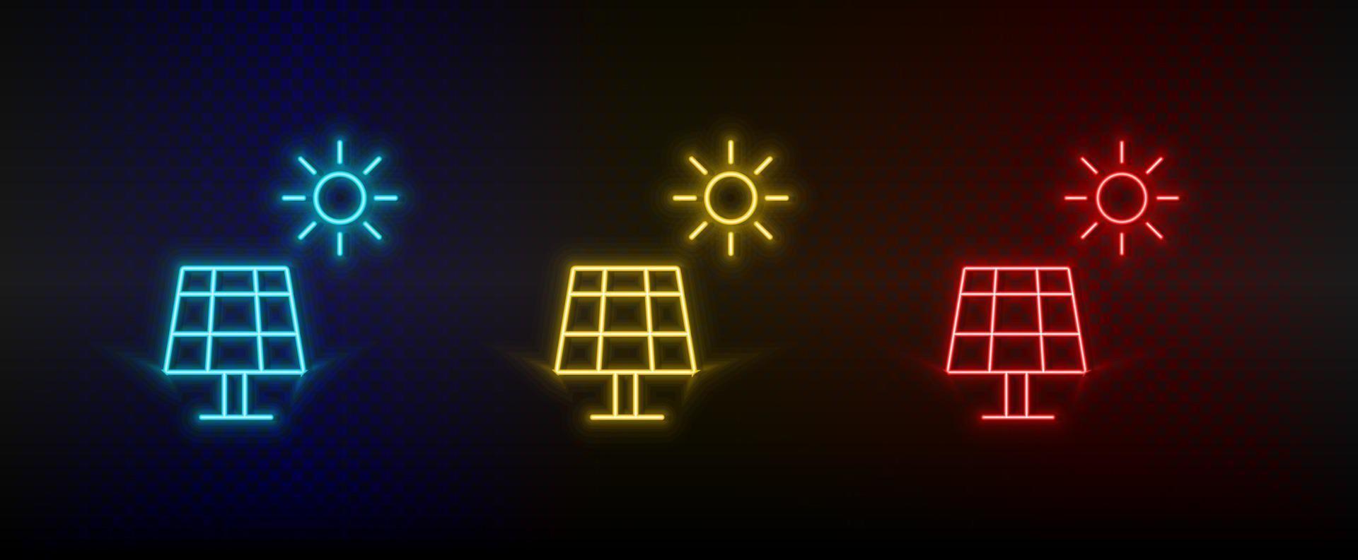 néon icône ensemble solaire, charge, batterie. ensemble de rouge, bleu, Jaune néon vecteur icône sur transparence foncé Contexte