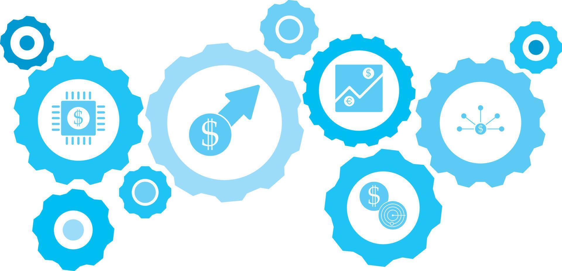 connecté engrenages et vecteur Icônes pour la logistique, service, expédition, distribution, transport, marché, communiquer concepts. équipement bleu icône ensemble d'affaires rapport, flux de trésorerie .