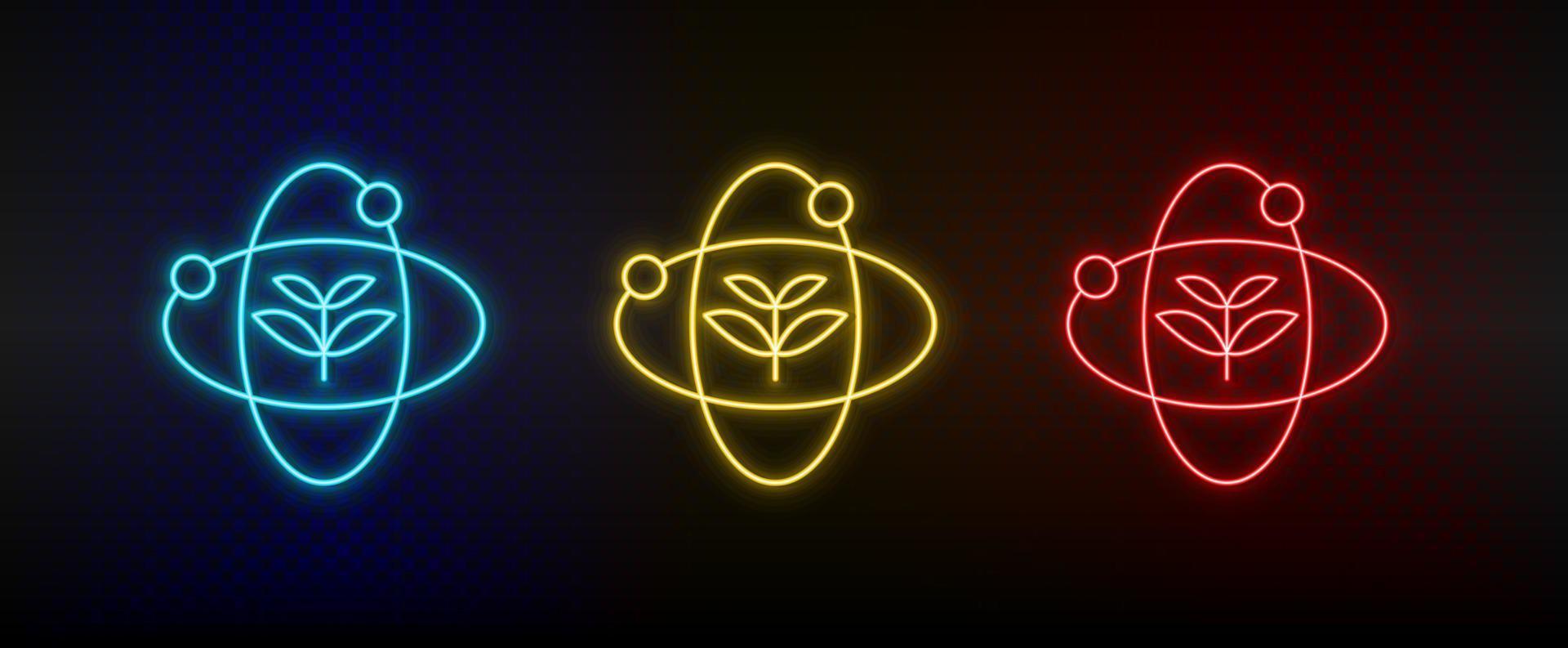 néon icône ensemble atome, végétaux, éco. ensemble de rouge, bleu, Jaune néon vecteur icône sur transparence foncé Contexte