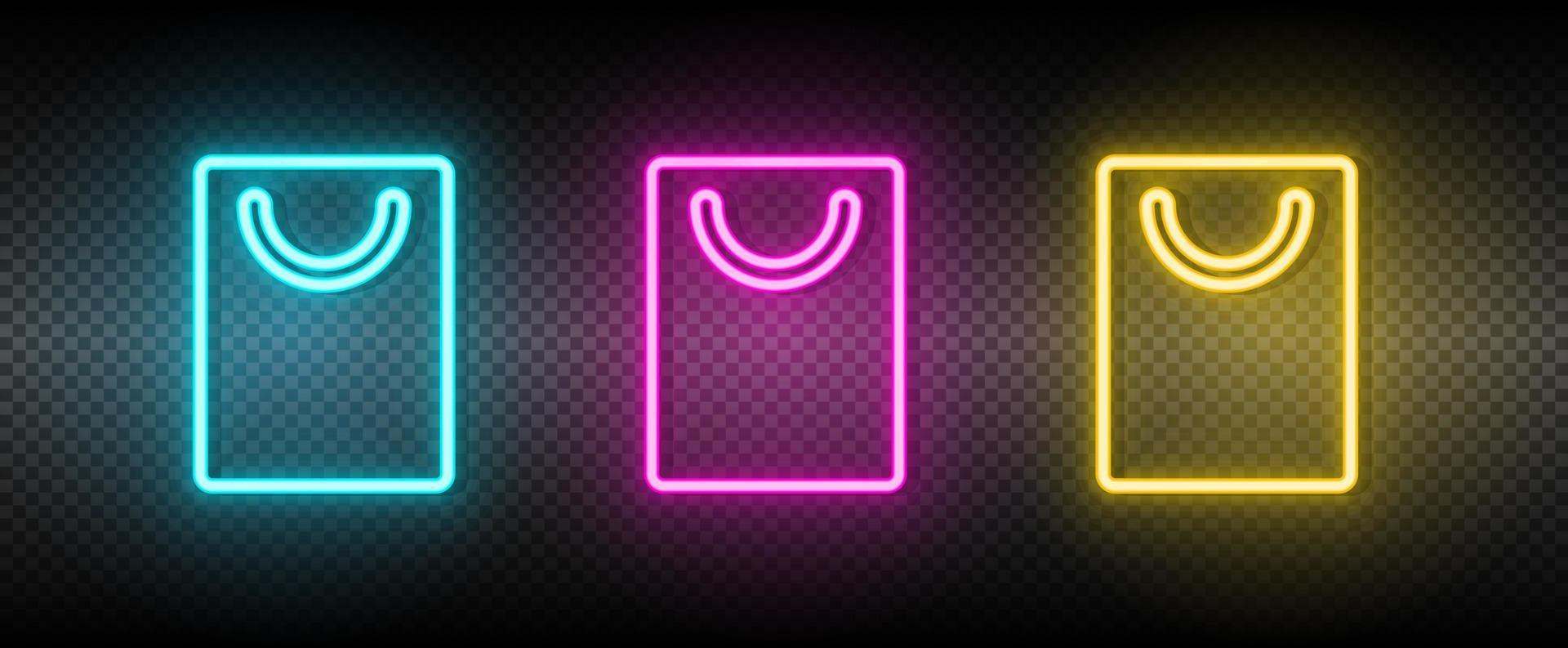 sac, produit, magasin néon vecteur icône. illustration néon bleu, jaune, rouge icône ensemble