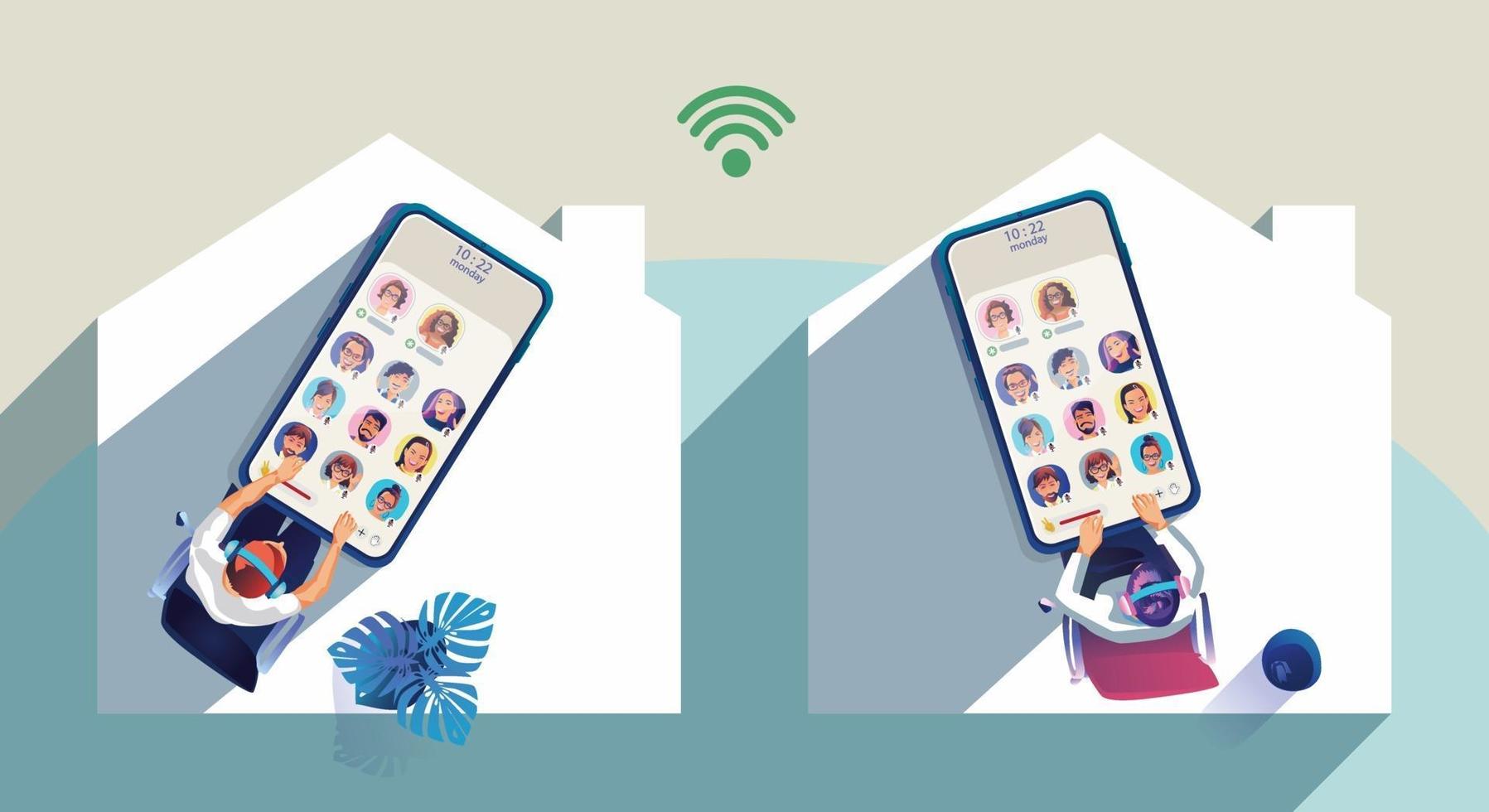 les gens utilisent des écouteurs pour écouter leur smartphone, l'écran affiche le statut des personnes utilisant des applications de réseautage social, apprenant ou se réunissant en ligne vecteur