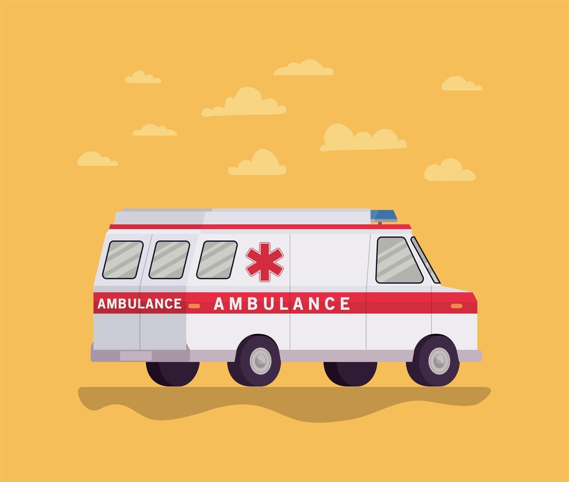 ambulance, ambulance, voiture paramédicale, vue côté, et, nuages, vecteur, conception vecteur